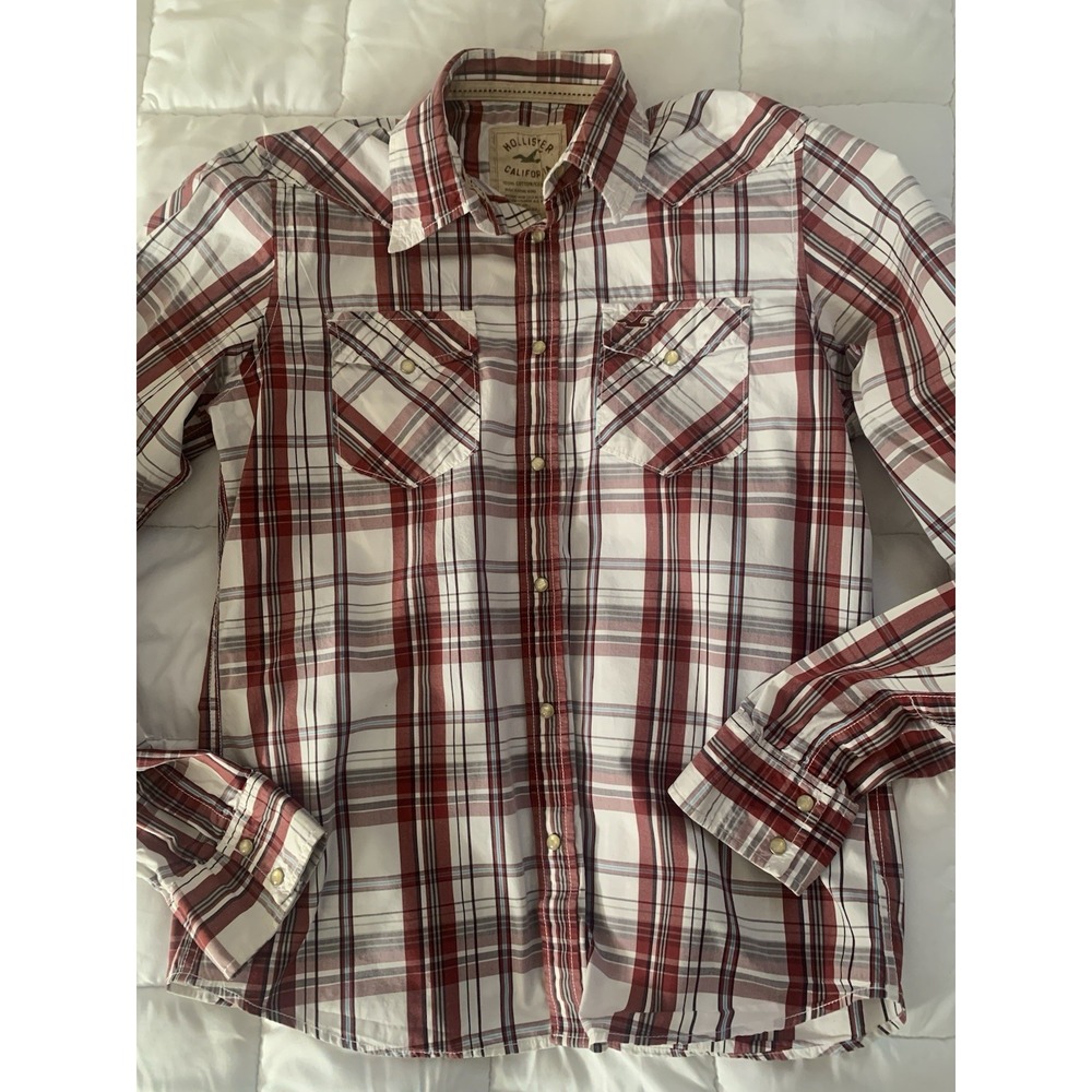Men's Hollister Plaid Shirt XL Red White Plaid Western Pearl Snap Long‎ Sleeve